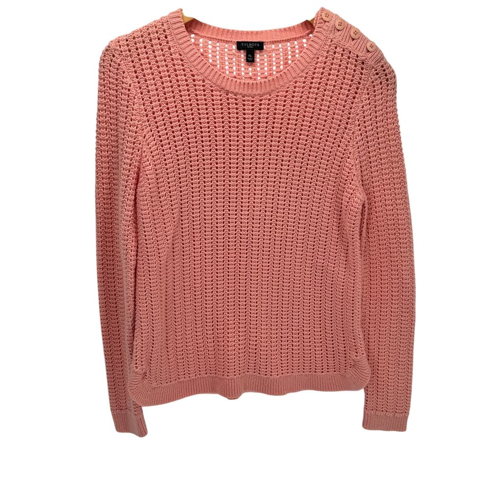 Talbots Sweater Womens Petite Medium Mp Peach Open Knit Lambswool‎ Blend Coastal